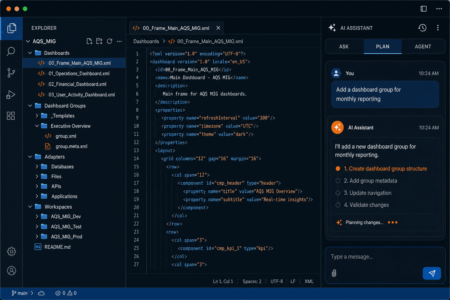 Persistent project file tree showing dashboards, adapters, and workspaces